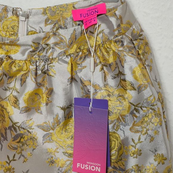 Monsoon Fusion Champagne Cream & yellow  Metallic Floral Tulip Skirt UK 12 New - Picture 5 of 6